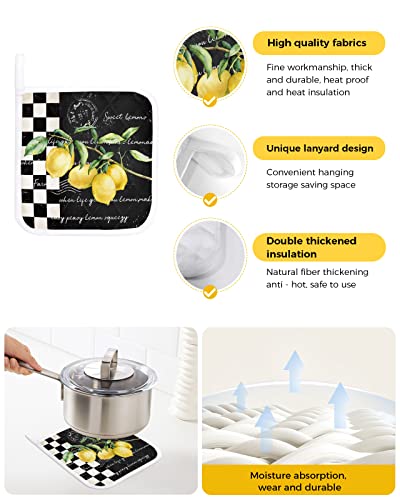Summer Tropical Lemon Pot Holders For Kitchen, Black And White Buffalo Plaid Pot Holder With Loop Trivet Heat Insulation Oven Mitts Hot Pads, Washable Potholders For Cooking Backing #TOP1