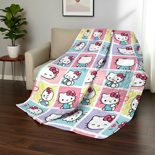 Image of Northwest Hello Kitty Sweet As Can Be Reversible Quilted Throw, Kawaii Cozy Fantasy Throw, Gift for Anime Fans or Game Room Decor, 90 x 90 Inches