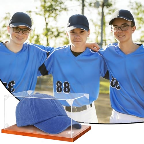 Image of Hooqict Hat Display Case Acrylic Clear Full Size Baseball Hat Case Display Holder Stand with Solid Wood Base UV Protected for Ball Cap Storage Organizer Sports Collections Memorabilia