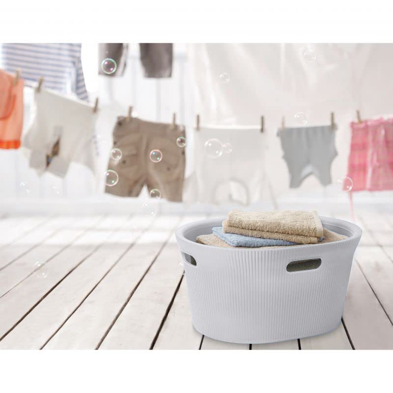 Image of Superio Ribbed Collection - Decorative Plastic Laundry Basket with Cut-Out Handles, White Smoke (1 Pack) Hamper Organzier for Bedroom Bathroom College Dorm Room 35 Liter