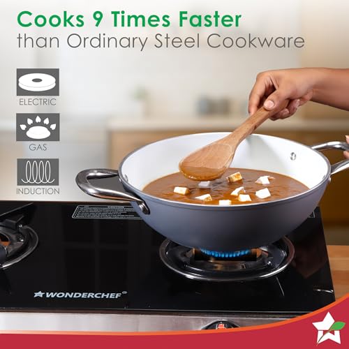 Image of Wonderchef Eco-Glide Kadhai with Glass Lid | | Chemical-Free Ceramic Coating | 24cm, 2.5L | Healthy, Low Oil Meals | Scratch-Resistant | Stainless-Steel Handle | Gas & Induction Compatible | Grey