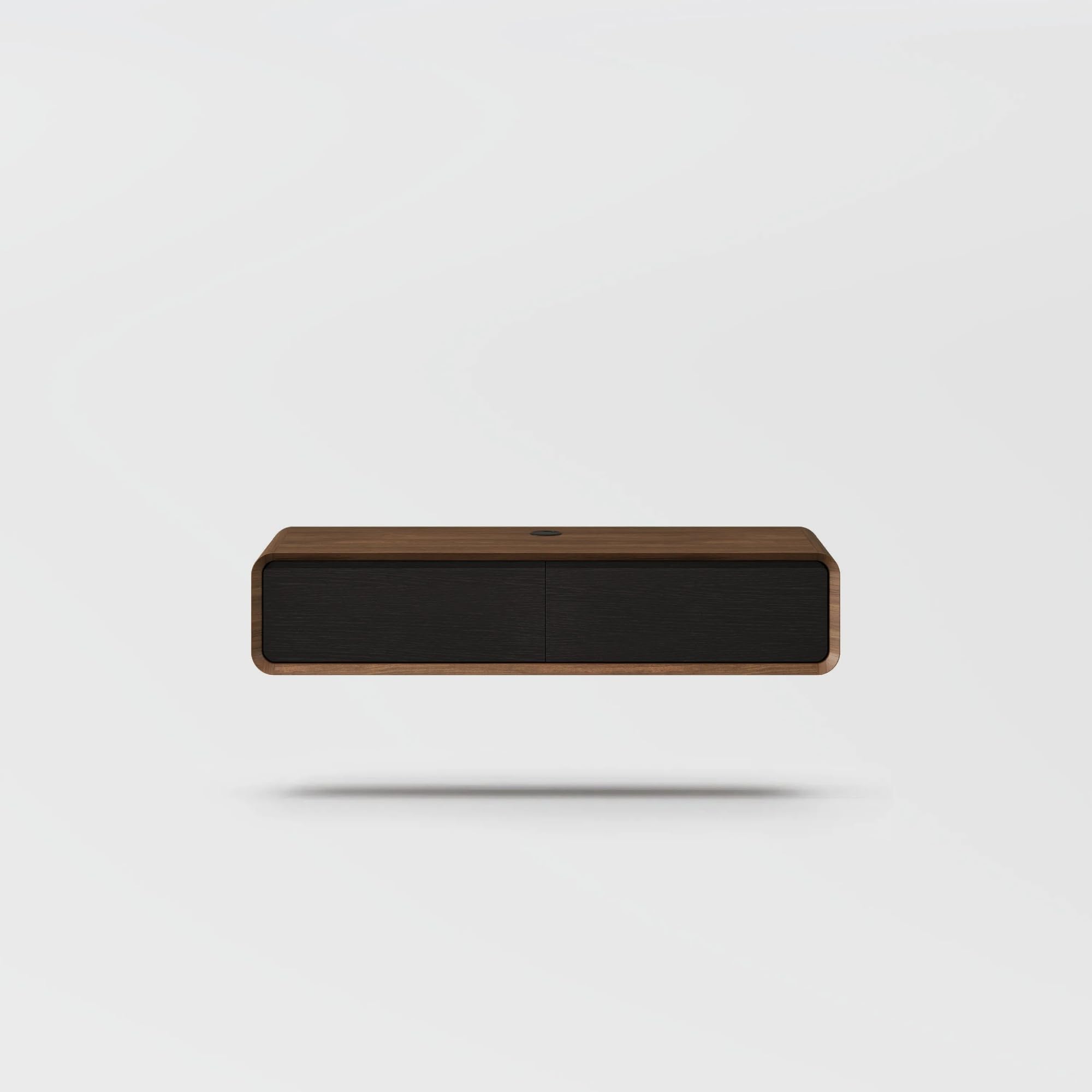 POVISON Mueble de TV flotante de 120 cm, moderno color negro y roble de madera maciza con 2 cajones, mueble para TV con gestión de cables, mueble completo con espacio de almacenamiento para salón