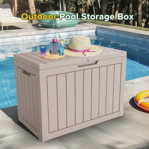 Image of 46 Gallon Outdoor Deck Box,Storage Lockable Waterproof Patio Furniture,Garden Tools,Cushions,Pool Accessories Outside Storage Resin Box(Light Brown)