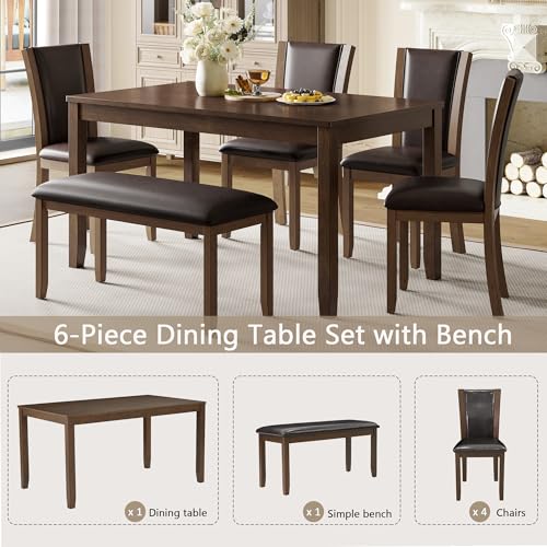 Image of KEIKI 6-Piece Standard Height Dining Table Set with Rectangular Table, 4 Upholstered Chair, Bench, for 6 Person, Farmhouse Rustic Table Set, Easy Assembly, for Kitchen, Dining Room, Dark Walnut