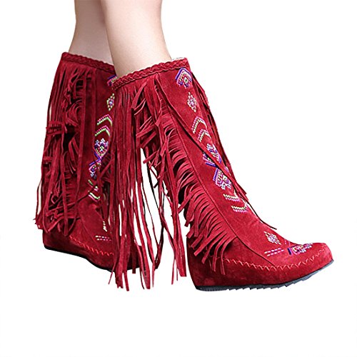 Inornever Knee High Boots for Women Moccasins Embroidered Fringe Booties Cowboy Winter Comfortable Warm Vintage Flat Heel Cowgirl Western Suede Long Snow Tassel Boots2