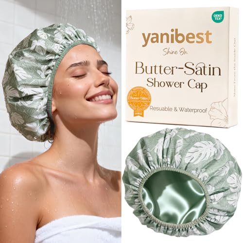 Yanibest Shower Cap for Women - Hair Satin Bonnet Shower Cap Waterproof Large Double Layer Reusable with Soft Elastic Band for Braids Long Hair
