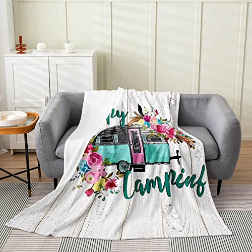 Camper Throw Blanket Kids Happy Camping Floral Plush Blanket for Girls Boys Nature Farmhouse Rustic Fleece Flannel Blanket Nature Flower Fuzzy Blanket Room Decor Flannel Throw Blanket 40"x50