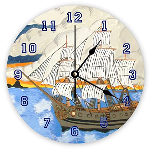 Funlucy Orologio da parete decorativo silenzioso senza ticchettio nave pirata in mare rotondo moderno orologi in legno per camera da letto, soggiorno, casa, ufficio, scuola, decorazione artistica da