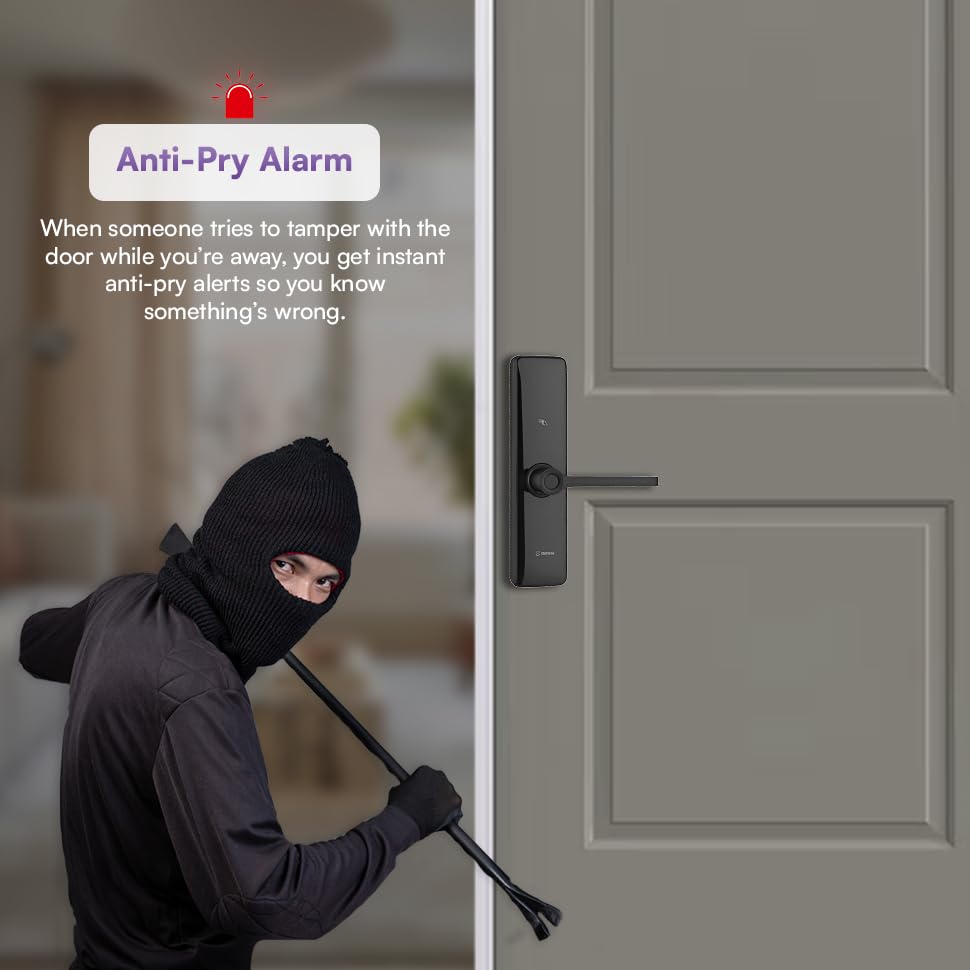 Image of Shield Core Smart Door Lock for Wooden Doors | 6-Way Unlock: Fingerprint, Passcode, WiFi App, OTP, RFID Card & Key | Dual Bolt Protection | Auto-Lock & Decoy PIN | 1 Year Battery Life (Black)