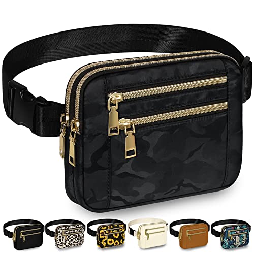 Image of Fanny Packs for Women 4 Zip Pocket Crossbody Belt Bag Waist Bags | Waterproof, Fashion Waist Pack, Crossbody Bags for Women, with Adjustable Strap, for Workout,Running,Traveling(Black Camo,M)