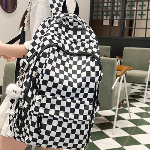 Aesthetic Checkered Backpack with Kawaii Pendant for and Teens (Black)4
