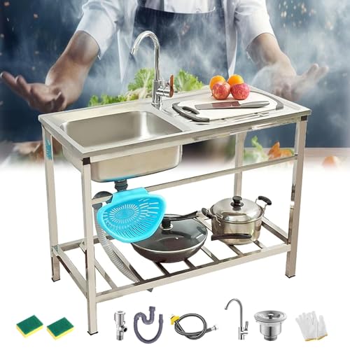 AutmDizyne Fregadero Comercial de Acero Inoxidable 75x40xh75cm con Patas, Grifo Giratorio de 360°, Kit de Desagüe Incluido, Ideal para Jardín, Lavadero y Hostelería