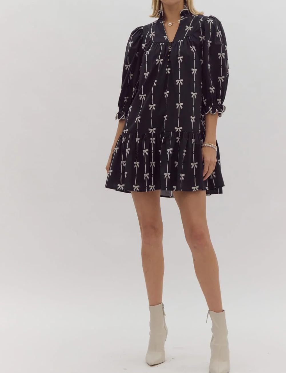 Women Puff Three-Quarter Sleeve Mini Dress Mock V Neck Babydoll Short Dress with Bow Print - Image 3