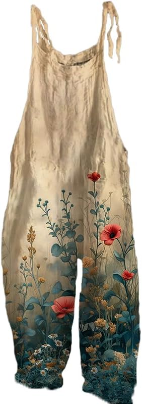 domirica Womens Boho Jumpsuit Summer Loose Swing Boho Floral Printed Comfy Large Size Jumpsuits Beach Overalls
