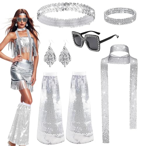 REDKNOT 70er Disco Accessoires Damen 6 Stück 60er Jahre Silber Glitzer Kostüm Zubehör Frauen mit Pailletten Schal, Sonnenbrille, Ohrringe, Armband,...
