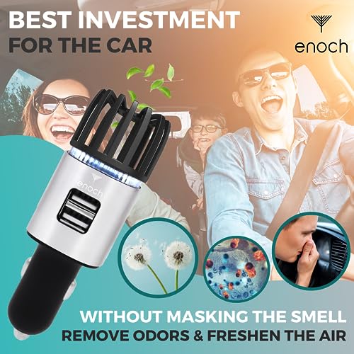 Image of Enoch Car Air Purifier Premium Air Ionizer - 12V Plug-In Ionic Ozone Deodorizer Accessory with Dual USB Car Charger - Eliminates Cigarette Smoke, Pet and Food Odors, Dust (Gray Silver)