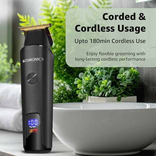 Image of Zebronics HT202 Trimmer, Cordless & Corded, Upto 180min Runtime, Stainless Steel Blades, 3+1 Guide Combs, 2 Speed Modes, LED Display, Travel Lock, Washable Blades, Type-C Rechargeable Battery (Black)