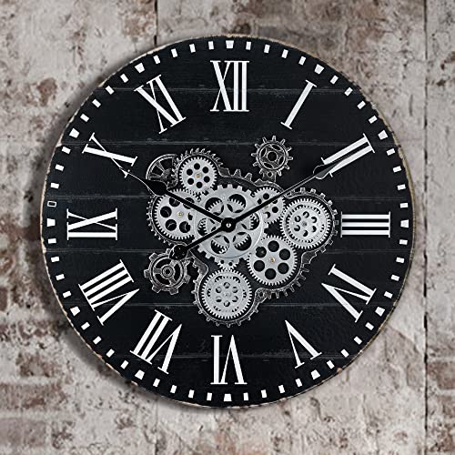 Lafocuse Schwarz Wanduhr Groß mit Beweglichen Zahnrädern Industrial Steampunk XXL Holz Vintage Retro Romische Zahlen 57 cm für Küche Wohnzimmer Bar Cover