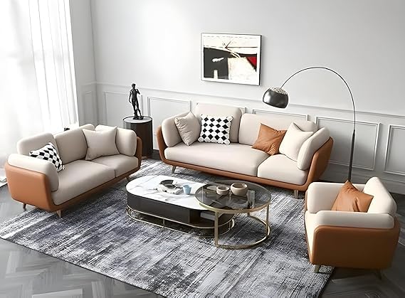 Modern & Luxury Velvet Contemperory Sofa Couch with Cushion Stylish Design Sofa Perfect for Your Living Room, Bedroom, & Office (Leathrate Brown & Beige (3+2+1))-image-27