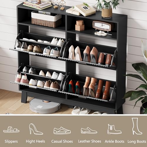 Image of Shoe Cabinet Storage for Entryway with 4 Flip Drawers, Fluted Narrow Shoe Organizer with Wooden Legs & Top Cubby, Freestanding Slim Shoe Storage Hidden Shoe Rack for Front Door Entrance, Black