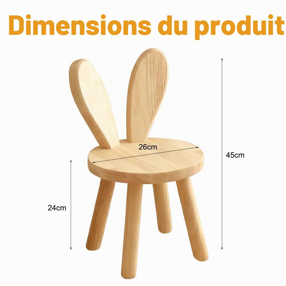 CEWROM Tabouret Enfant en Bois Massif avec Dossier en Forme d'Oreilles de Lapin - Chaise Sécurisée aux Angles Ronds pour Chambre d'Enfant, Salle à Manger ou Salon