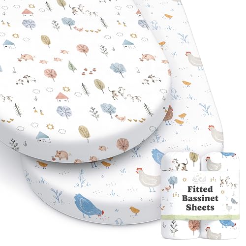 Image of Baby Bassinet Sheets for Boy, Girl (Farm Animals) 2-Pack - Fitted Bedside Bassinet Sheets - Buttery Soft Cotton Blend for Standard Mattress Pad - Compatible with Halo BassiNest