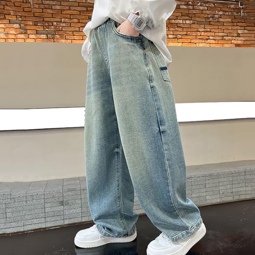 Boys Wide Leg Jeans Baggy Elastic Waist Solid 𝗩intage Straight Leg Denim Pants Fall Streetwear Casual Trousers4