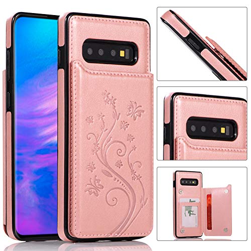 QFUN Back Wallet Case for Samsung Galaxy S10 Plus with Stand, Elegant Embossed Design [Butterfly Flower] Lightweight Slim Leather Phone Case with Card Holder Protective Bumper Flip Cover - Rose Gold