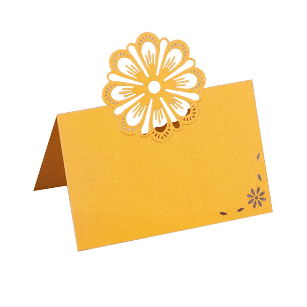 KOSTOO Table Card for Wedding Bride Shower Dinner, Reception, Banquet, Buffet Food, Seating Place Cards for Tables, Scored for Easy Folding, Hollow Flower Design, 50 Pack (Gold)