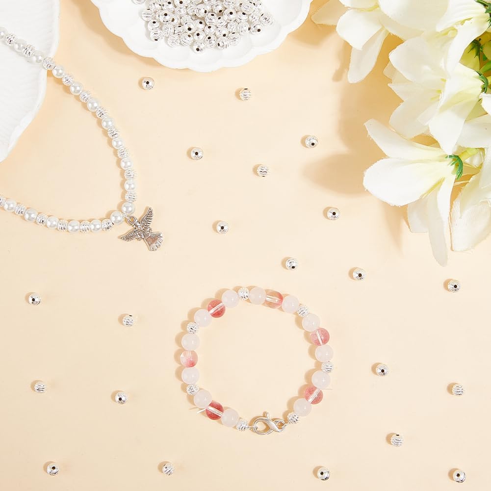 1 Box 150PCS Silver Plated Brass Round Textured beads with Holes Ribbon Pattern Metal Spacer Long Lasting Rondelle Connector Loose Bead for Jewelry Making Bracelet Necklace Diy Craft Supply - Image 3