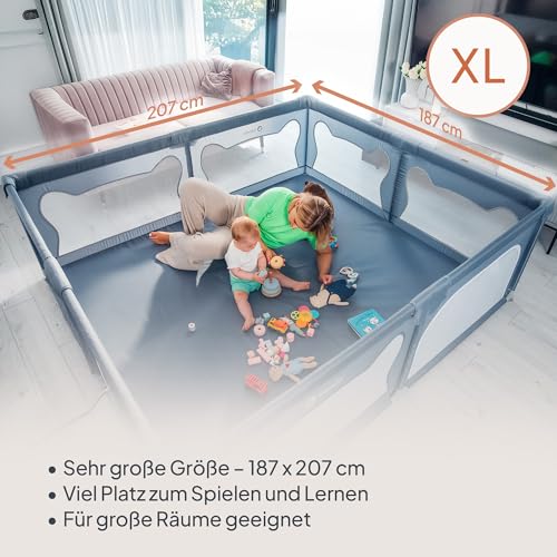 LIONELO WILLOW XL Laufgitter Baby, ab 0-48 Monaten große Fläche 187 cm x 207 cm x 68 cm, Laufgitter Baby mit Seitenwände aus atmungsaktiven Netzstoff, 2 Seitliche Eingänge mit einem Reißverschluss