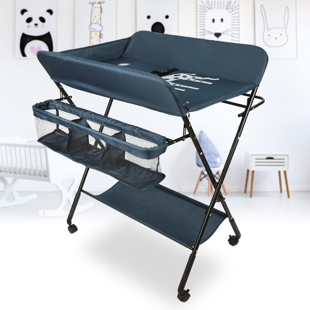 Fasciatoio Pieghevole con 4 Ruote Freno, Portatile Multifunzionale, 3 Regolabile in Altezza, Blu Navy