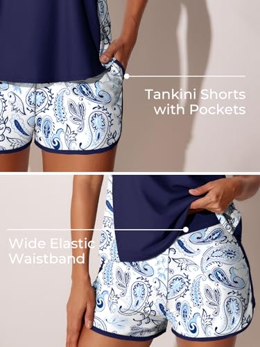 Image of Summer Mae Blouson Tankini Swimsuits for Women 2026 Tummy Control Two Piece Bathing Suits with Sporty Pockets Swim Shorts