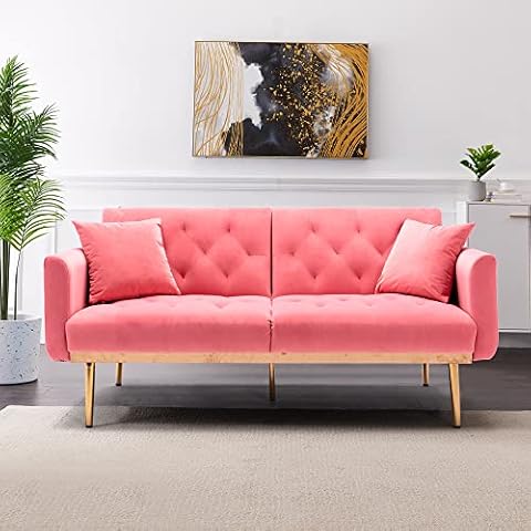 RXRRXY Futon Velvet Accent Loveseat Sofa Bed, Convertible Sleeper Sofa with Pillows, Leisure Couch with Gold Metal feet for Small Space, Living Room, Office (Peach) Cover
