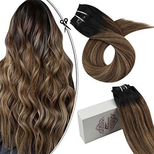 Moresoo 24 Inch Clip in Hair Extensions Clip on Extensions Real Human Hair Color #1B Off Black to #4 Brown with #14 Honey Blonde Double Weft Hair Remy Clip in Human Hair 100g 9pcs