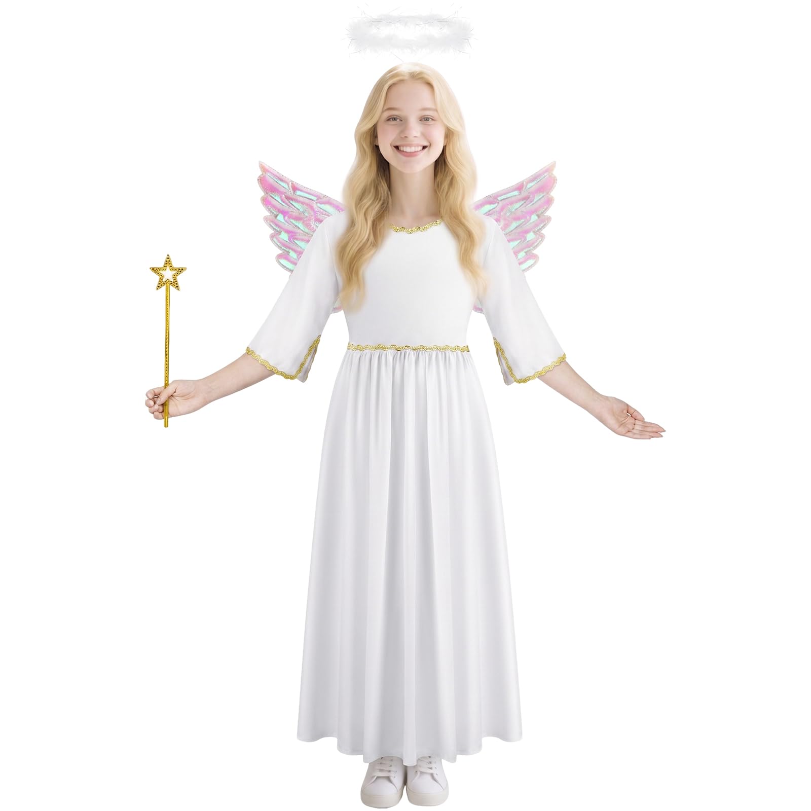 AYBUY Costumes Girls Angel, White Angel Dress with Wand Wings and Halo Girls Christening Dresses for Christmas, Nativity, Panto, Fancy Dress Costume, 120οΌStyle BοΌ
