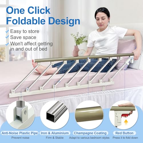 Image of Bed Side Rails Guard for Elderly Adults Seniors Assist Rail Safety Bed Cane Railings Fold Down Handle Handicap Medical Support Assistance Devices Half Grab Bar