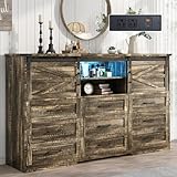 Dresser for Bedroom with 9 Drawers, 43' Tall Wood Chest of Drawers with Sliding Barn Doors, Led Lights, Modern Dresser TV Stand, Wooden Closet Storage Organizer for Living Room, Hallway, Entryway, Oak