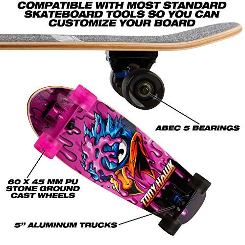 Image of Tony Hawk 31 inch Complete Cruiser Skateboard, 9-ply Maple Deck Skateboard for Cruising, Carving, Tricks and Downhill, Pink Hawk