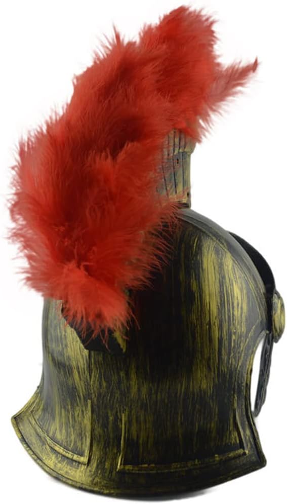 Roman Helmet Gold, Spartan Warrior Costume Helmet with Red Comb and Feathers, Foldable Visor for Cosplay Theme Parties, One Size for Adults and Teens
