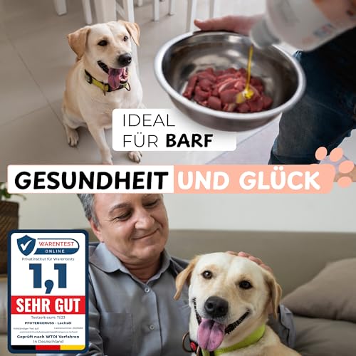 Pfotengenuss Lachsöl für Hunde Katzen &Pferde - natürliche Omega 3, 6 & 9 Quelle - für Gelenke Fell&Stoffwechsel - frisch abgefüllt in Deutschland - natürliches, hochdosiertes Lachs-Öl - Barf-Öl