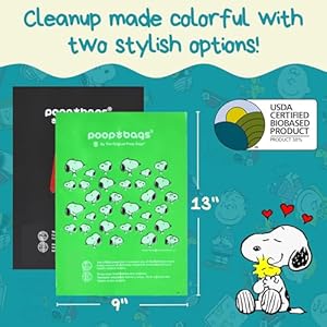 The Original Poop Bags USDA Biobased Pet Waste Bags – Peanuts Characters – Durable, Leak Resistant, 360 Count, BLK/GREEN
