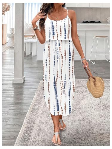 Image of RoseSeek Women's Spaghetti Strap Tie Dye Cami Sun Dress Beach Midi Summer Dresses Resort Wear Vacation Outfits