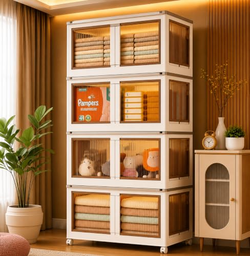 Image of 4 ๐๐๐๐ Plastic Rack for Storage Cabinet with Wheels | Multipurpose Shelf Storage Services Almirah Wardrobe for Clothes, Kitchen Cupboard | Plastic Organizer with Transparent Doors