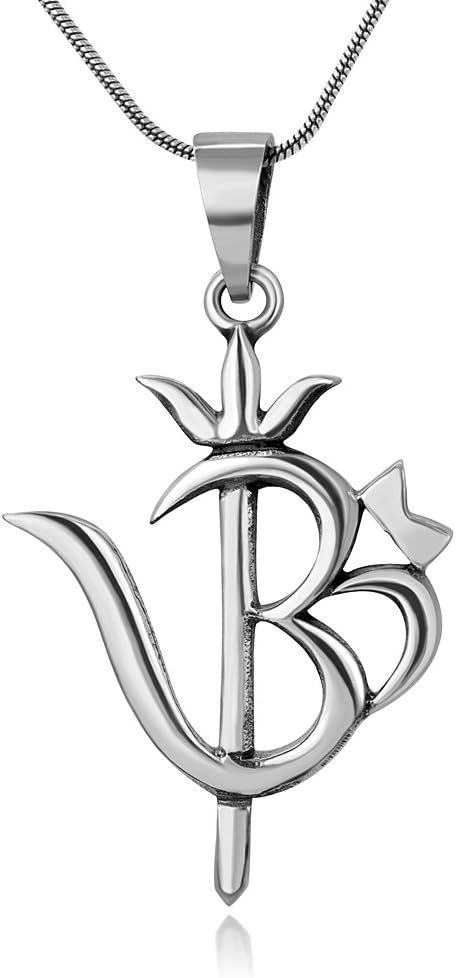Sterling Silver Trishula Shiva Spear With Aum Om Ohm Hindu Symbol Pendant Necklace, 18 inches