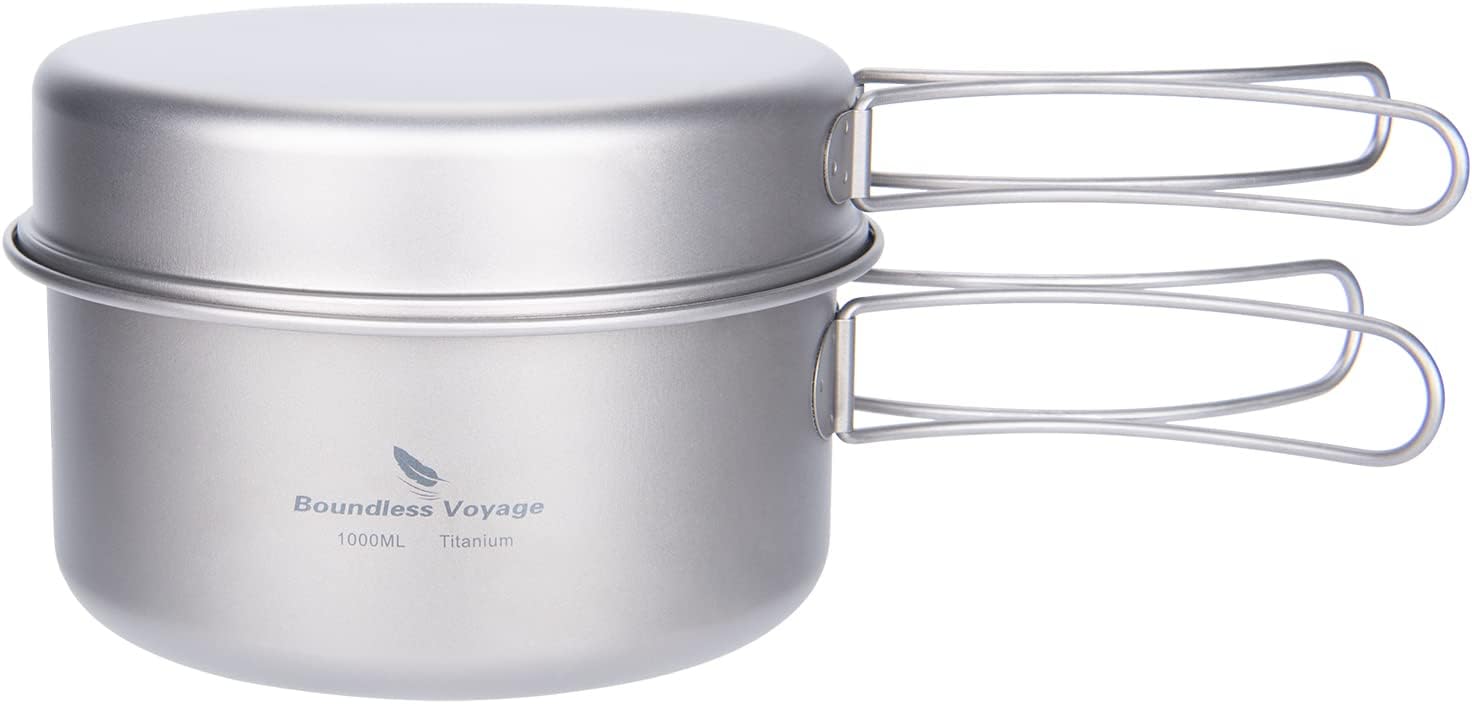 iBasingo Ultralight Titanium Camping Cookware Set 1000ml Pot 500ml Frying Pan with Folding Handle & Mesh Bag Portable Outdoor Cooking Kit for Hiking Backpacking Picnic Ti2042C
