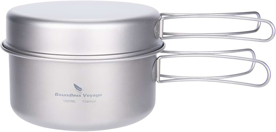iBasingo Backpacking Cookset Titanium Camping Pots Set Ultralight Outdoor Picnic Pots Pans with Folding Handle Druable Portable Cooking Mess Kit Compact Picnic Dishes Bowls Cups (Multiple Sizes)