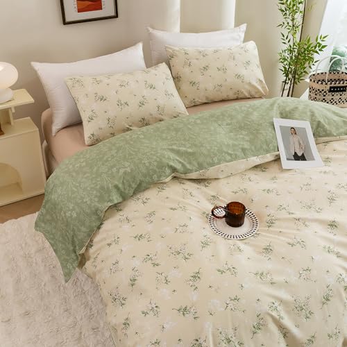 ECOCOTT Duvet Cover King Size - Reversible Green Floral Duvet Cover Set, Ultra Soft & Breathable Comforter Cover with Zipper Closure 4 Ties Bedding Set for Girls and Women
