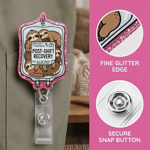 Retractable Badge Reel with Alligator Clip, Heavy Duty, Cute Funny ID Name Tag Holder for Nurses, Doctors, Teachers, and Office (Pink-Sloth Bottle) — view 3