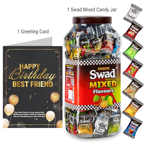 Image of Swad Happy Birthday Best Friend Gift with Card (Swad Mixed Flavours Candy 200 Jar & 1 Greeting card) 2 units